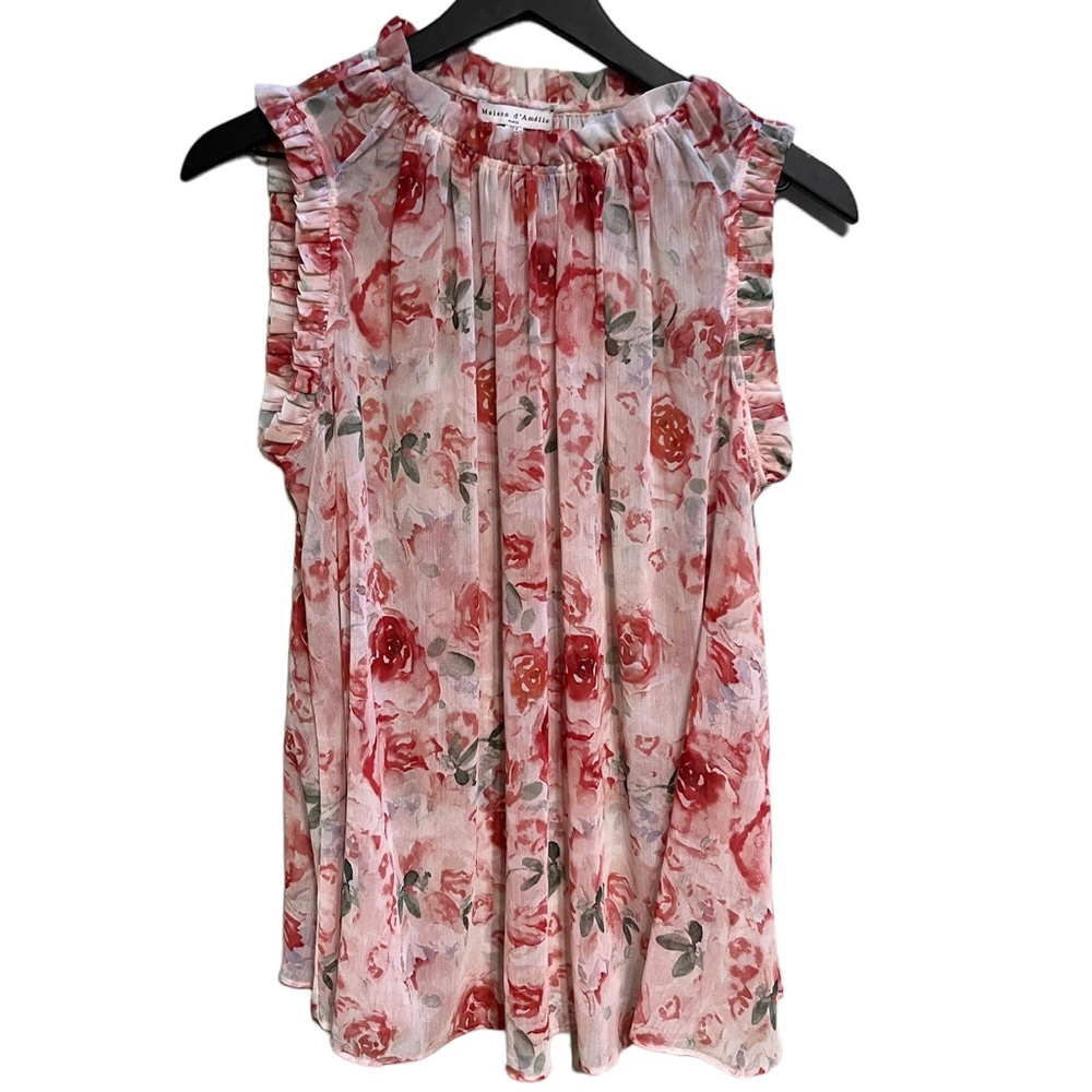 Maison De’Amelie Paris Floral sleeveless blouse with ruffle neck